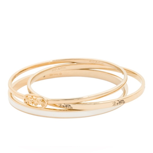 Coach New Horse And Carriage Motif Golden Brass White Enamel Bangle Trio Set - Picture 1 of 7